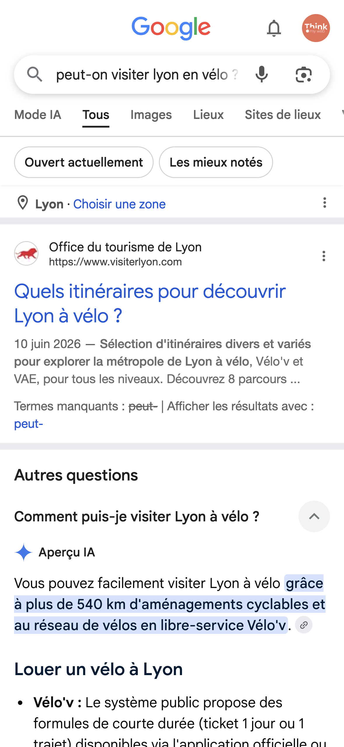 Page de résultats Google mobile, cas replié
